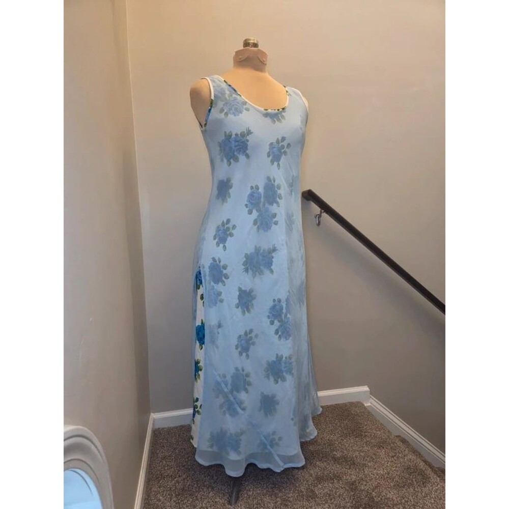Vtg 90s/Y2K Ethereal Fairy Blue Rose Floral Maxi Slip Dress